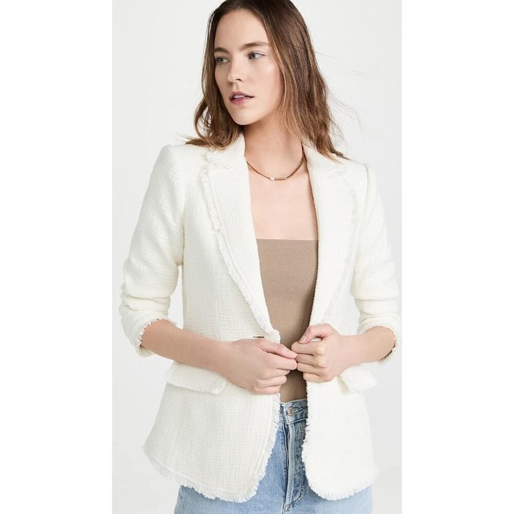 Ann Taylor Petite White Boucle Tweed Fringe One Button Blazer Jacket Size 2P